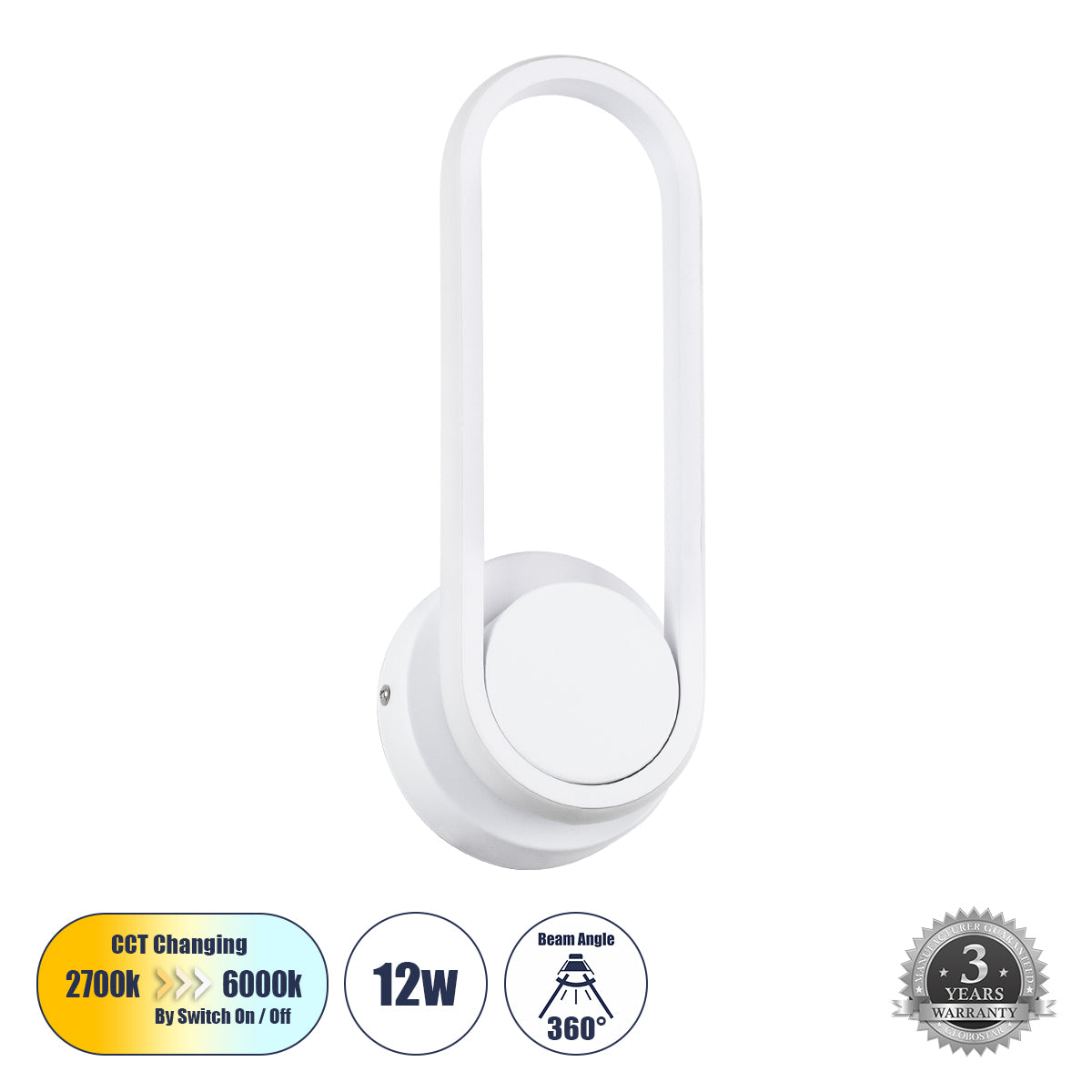 DALLAS 61346 Φωτιστικό Τοίχου - Απλίκα Design LED CCT 12W 1440lm 360° AC 220-240V - Εναλλαγή Φωτισμού μέσω Διακόπτη On/Off All In One Ψυχρό 6000k+Φυσικό 4500k+Θερμό 2700k Μ12 x Π6.5 x Υ32cm - Λευκό