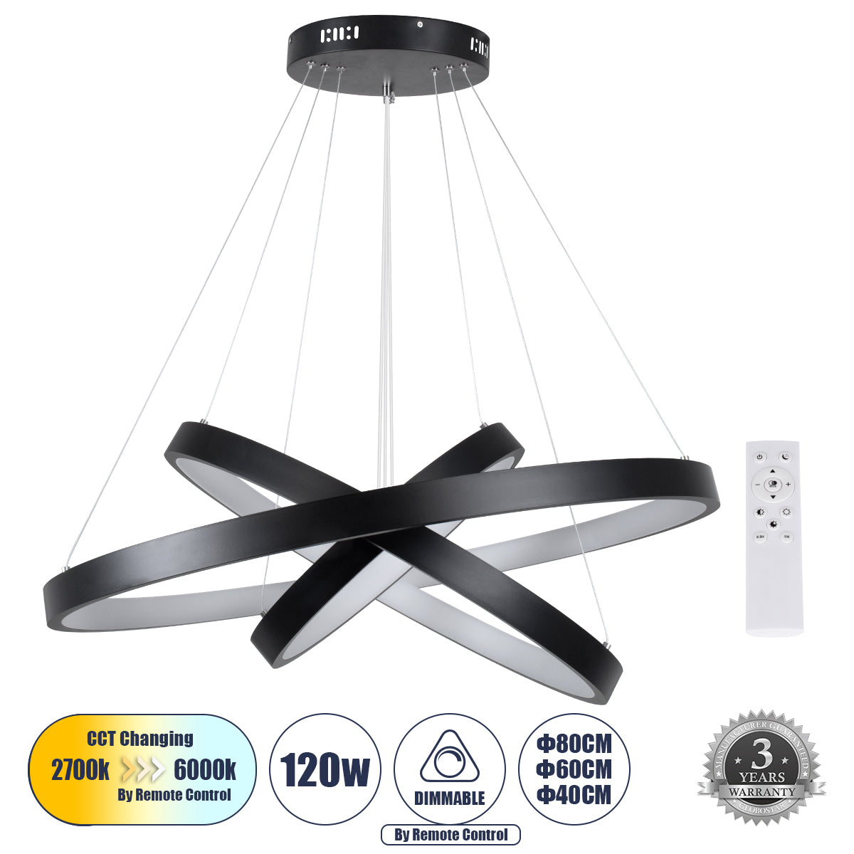 NEMESIS TRIO 61170-DECO Μοντέρνο Κρεμαστό Φωτιστικό Οροφής LED 120W 14723lm 360° AC 220-240V IP20 Ρυθμιζόμενο Λευκό CCT με Χειριστήριο από 2700K έως 6000K Dimmable - Lumileds SMD Chip - Μαύρο - Μ80 x Π80 x Υ90