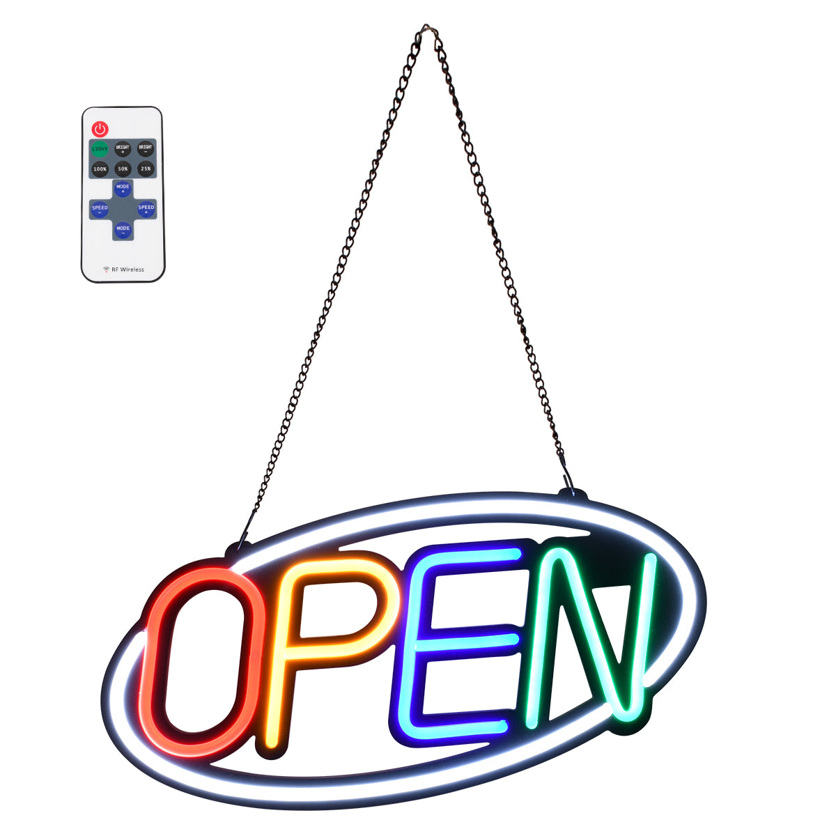 85858 Φωτιστικό Ταμπέλα Φωτεινή Επιγραφή NEON LED Σήμανσης Animated Ovale OPEN 30W AC 230V με Διακόπτη On/Off και Ασύρματο Χειριστήριο IR Λευκό - Κόκκινο - Πράσινο - Κίτρινο - Γαλάζιο