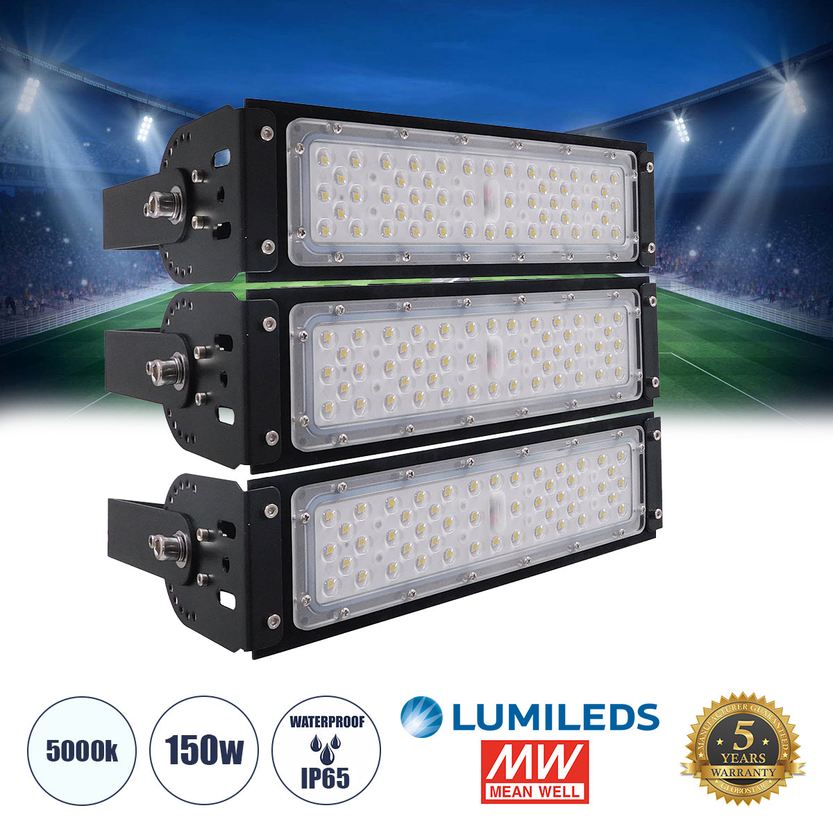 GOLIATH 90100-3 LED Προβολέας Γηπέδου - Φωτιστικό Tunnel 150W 24000LM 75°*135° AC 100-277V IP65 - Ψυχρό Λευκό 5000K - MeanWell Driver & LumiLEDs Chip