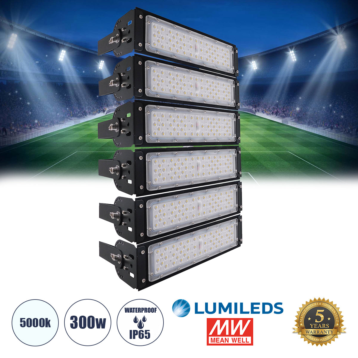 GOLIATH 90100-6 LED Προβολέας Γηπέδου - Φωτιστικό Tunnel 300W 48000LM 75°*135° AC 100-277V IP65 - Ψυχρό Λευκό 5000K - MeanWell Driver & LumiLEDs Chip