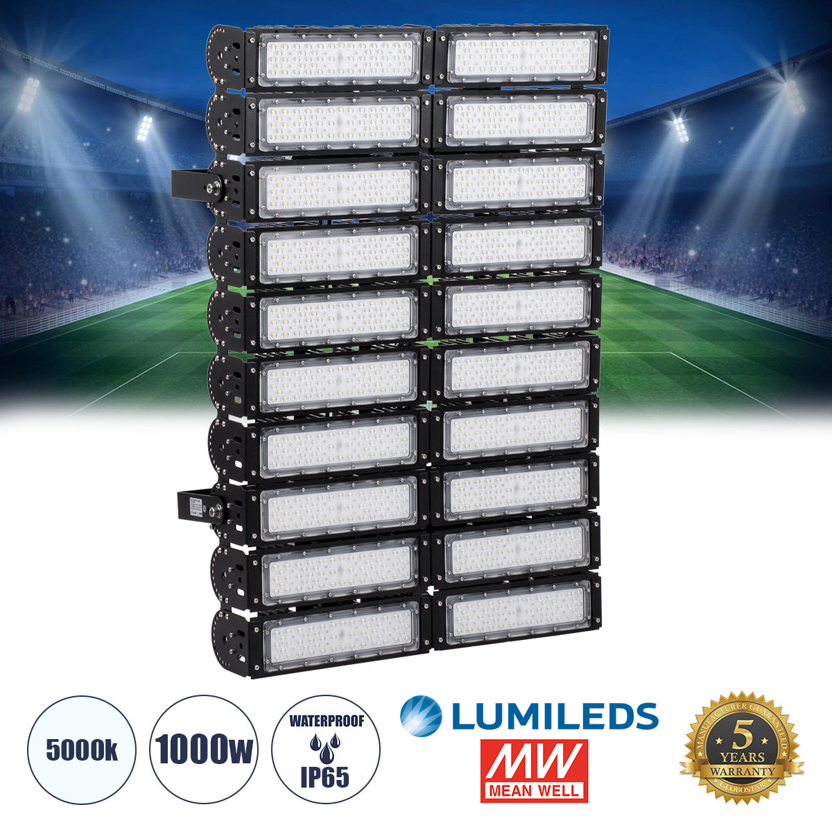 GOLIATH 90105 Προβολέας για Γήπεδα Tennis & Ποδοσφαίρου 5x5 LED 1000W 150000lm 75°x135° SDCM<5 Fish Eye Lens AC 220-240V Αδιάβροχο IP65 IK08 Φυσικό Λευκό 5000K - Lumileds SMD Chip & Mean Well Driver - Μαύρο Ματ - Μ62 x Π22 x Υ90