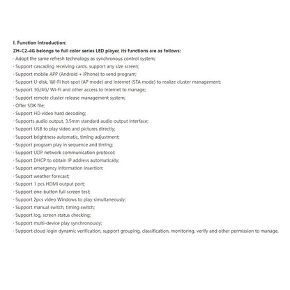 ZH-C2 90238 Multimedia Player Video Controller για Οθόνες LED Video Wall 1.3 million pixel - Input Signal W1920 x H1080@60Hz - WiFi 2.4G - 1 Gigabit Ethernet Output Port - AC 220-240V IP20 - Μ31.5 x Π16 x Υ5.5