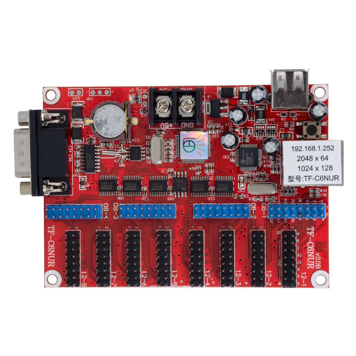 TF-C6NUR 90386 LED Receiving Card 8 x HUB75 - Κάρτα Καναλιών για Ψηφιακές Οθόνες LED Video Wall Single Color W2048 x H64 & W1024 x H128 - Double Color W1024 x H64 - W512 x H128 - Gigabit Network Linkable - DC 3.5~6V - IP20 Μ11.7 x Π7.8 x Υ1.6cm