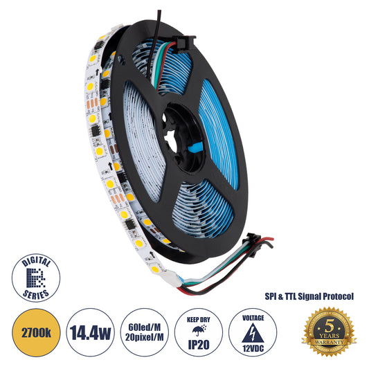 90588 Digital Pixel Addressable Strip 3 PIN - Ψηφιακή Ταινία LED SMD 5050 14.4W/m 60LED/m 20PIXEL/m SPI/TTL Protocol IC WS2811/UCS16703 1296lm/m 120° DC 12V IP20 Θερμό Λευκό 2700K - Λευκό Σώμα - Μ5000 x Π10 x Υ2mm - Συσκευασία 5 Μέτρων