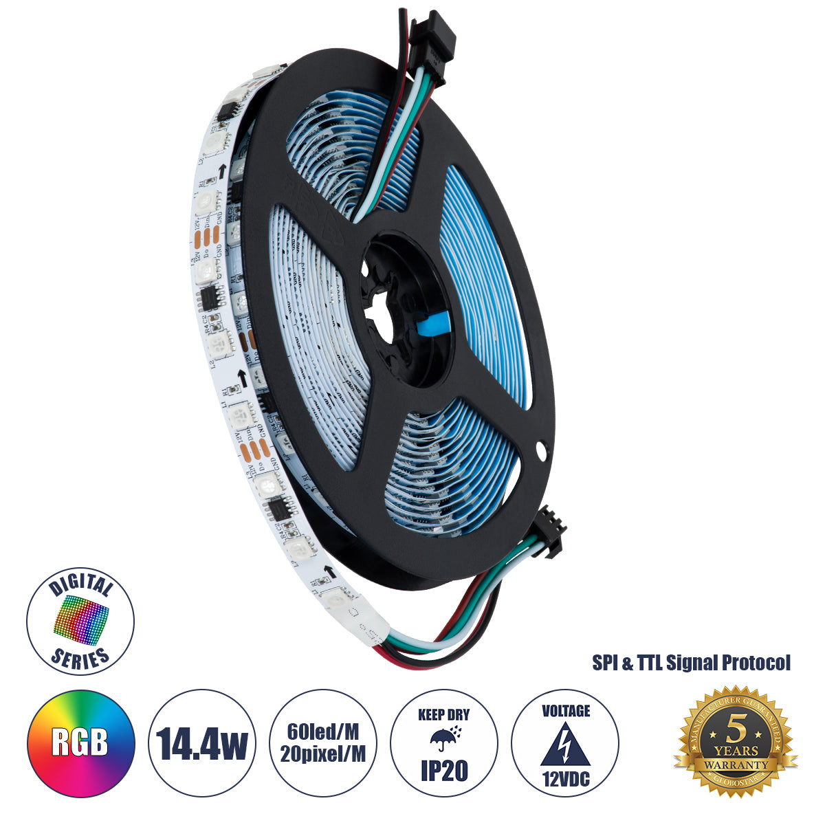 90589 Digital Pixel Addressable Strip 3 PIN - Ψηφιακή Ταινία LED SMD 5050 14.4W/m 60LED/m 20PIXEL/m SPI/TTL Protocol IC WS2811/UCS16703 1152lm/m 120° DC 12V IP20 RGB - Λευκό Σώμα - Μ5000 x Π10 x Υ2mm - Συσκευασία 5 Μέτρων