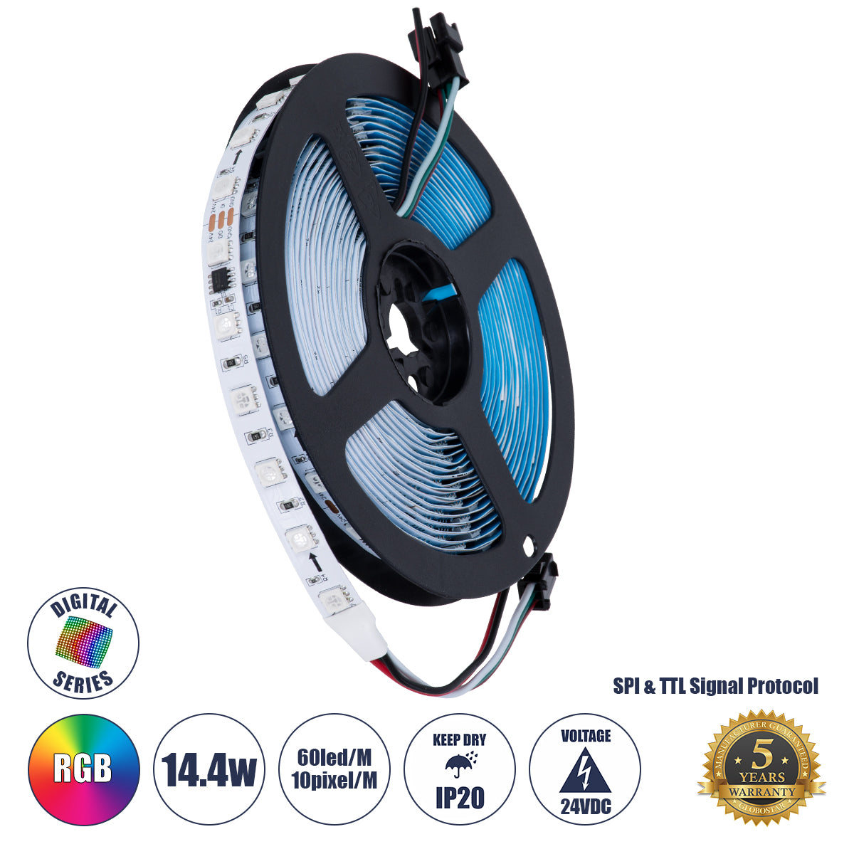 DIGIPRO 90596 Ψηφιακή Pixel Addressable Ταινία LED 14.4W/m 864lm/m 120° DC 24V IP20 60 x SMD5050 Chip/m 10 x Pixel/m Πολύχρωμο RGB Dimmable SPI/TTL Protocol IC WS2811/SM16703P - Sanan SMD Chip - Μ500 x Π1 x Υ0.2 - Ρολό 5 Μέτρων