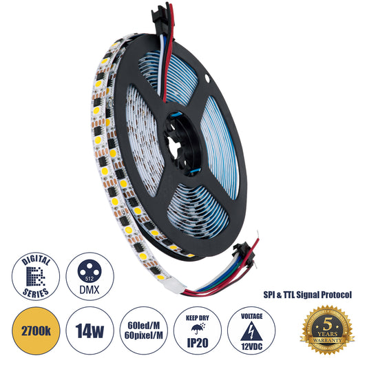 90603 Digital Pixel Addressable Strip 4 PIN - Ψηφιακή Ταινία LED SMD 5050 14W/m 60LED/m 60PIXEL/m SPI/TTL Protocol IC TM1908 1296lm/m 120° DC 12V IP20 Θερμό Λευκό 2700K - Λευκό Σώμα - Μ5000 x Π10 x Υ2mm - Συσκευασία 5 Μέτρων