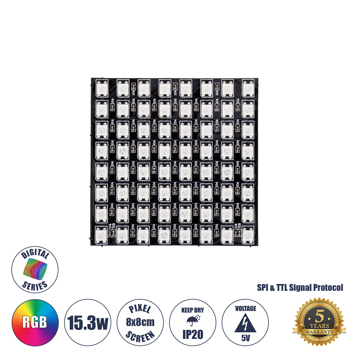 90607 Digital Pixel Addressable Plate - Ψηφιακή Πλακέτα LED SMD 5050 15.3W/m 64LED/unit 64PIXEL/unit SPI/TTL Protocol IC WS2812/SK6812 1224lm/unit 120° DC 5V IP20 RGB - Μαύρο Σώμα - Μ80 x Π80 x Υ2mm