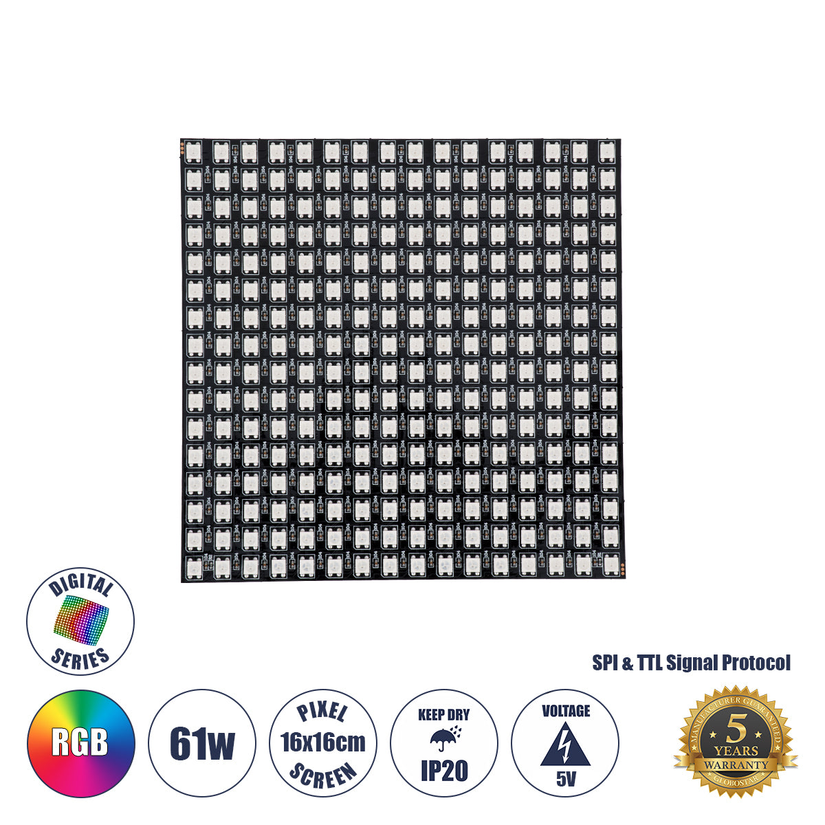 90608 Digital Pixel Addressable Plate - Ψηφιακή Πλακέτα LED SMD 5050 61W/m 256LED/unit 256PIXEL/unit SPI/TTL Protocol IC WS2812/SK6812 4880lm/unit 120° DC 5V IP20 RGB - Μαύρο Σώμα - Μ160 x Π160 x Υ2mm