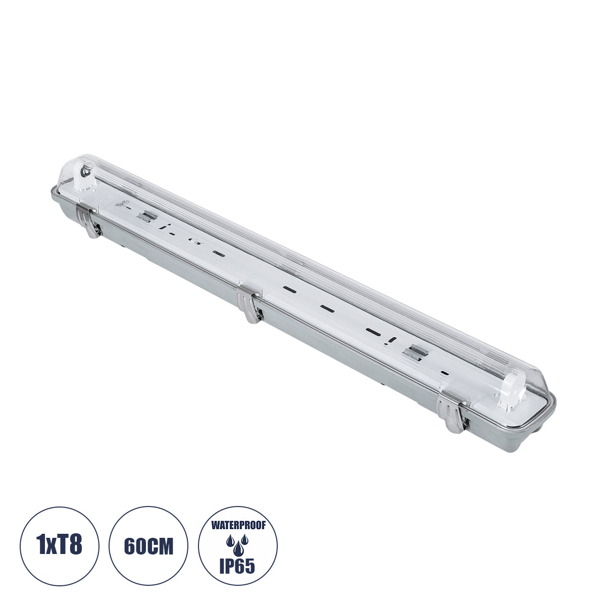 90610 60cm Tri-Proof Πλαστικό PC Σκαφάκι με Μεταλλικά Clips για 1 x Λάμπες T8 Τύπου Φθορίου LED Τροφοδοσίας Ενός Άκρου Αδιάβροχο IP65