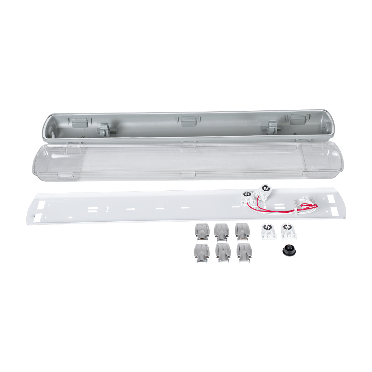 VIGAS 90611 Γραμμικό Βιομηχανικό Φωτιστικό Σκαφάκι Tri-Proof με Μεταλλικά Clips για 2 x Λάμπες T8 G13 60cm Τύπου Φθορίου LED Τροφοδοσίας Ενός Άκρου 120° AC 220-240V Αδιάβροχο IP65 - Γκρι με Διάφανο Κάλυμμα Πλαστικό PC - Μ66 x Π11.5 x Υ9