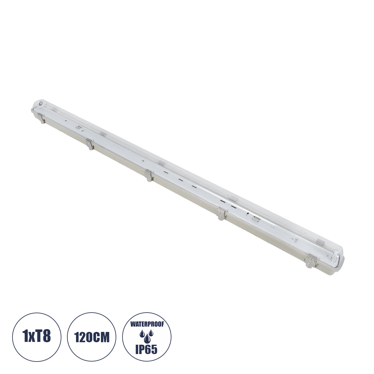 90612 120cm Tri-Proof Πλαστικό PC Σκαφάκι με Μεταλλικά Clips για 1 x Λάμπες T8 Τύπου Φθορίου LED Τροφοδοσίας Ενός Άκρου Αδιάβροχο IP65