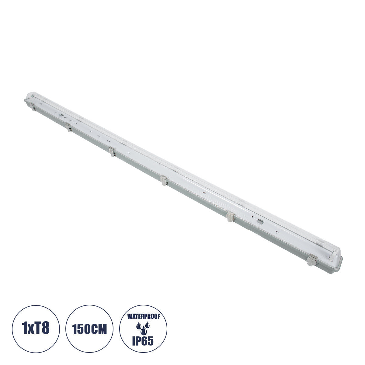 90614 150cm Tri-Proof Πλαστικό PC Σκαφάκι με Μεταλλικά Clips για 1 x Λάμπες T8 Τύπου Φθορίου LED Τροφοδοσίας Ενός Άκρου Αδιάβροχο IP65
