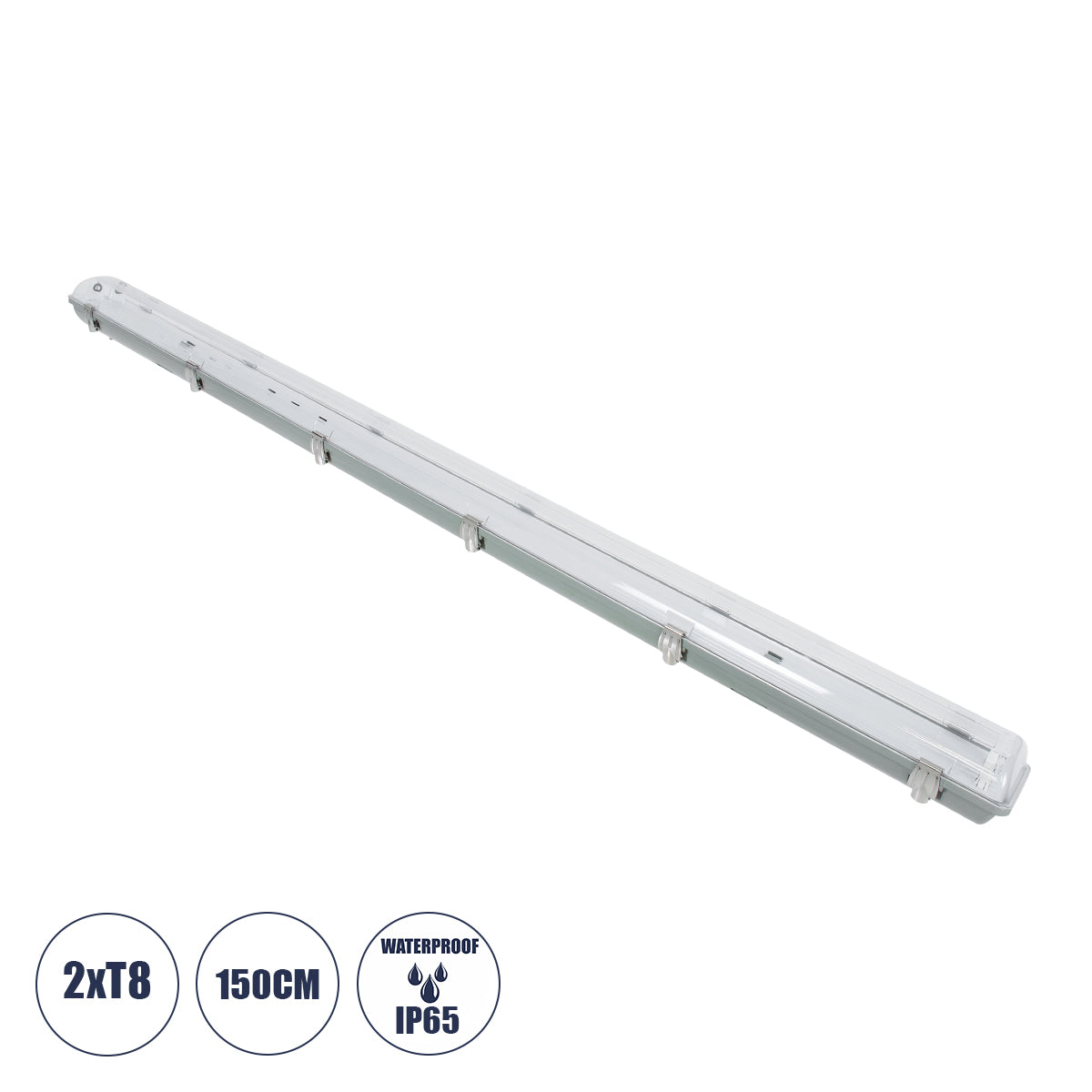 90615 150cm Tri-Proof Πλαστικό PC Σκαφάκι με Μεταλλικά Clips για 2 x Λάμπες T8 Τύπου Φθορίου LED Τροφοδοσίας Ενός Άκρου Αδιάβροχο IP65