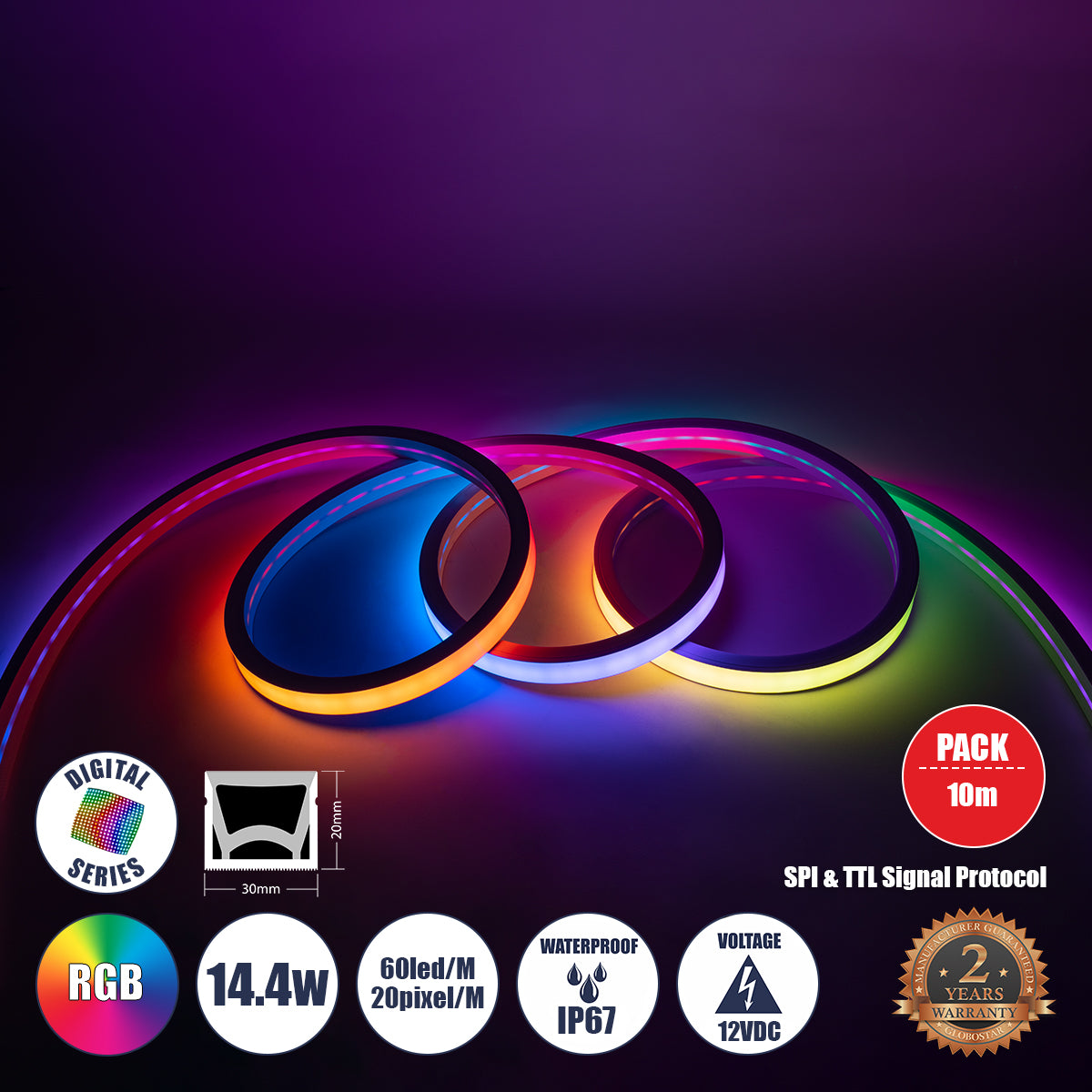 NEONIO 90754 Ψηφιακή Pixel Addressable Ταινία Neon Flex LED 14.4W/m 864lm/m 90° DC 12V Αδιάβροχο IP67 60 x SMD5050 Chip/m 20 x Pixel/m Πολύχρωμο RGB Dimmable SPI/TTL Protocol IC SM16703P/WS2811/WS2812 - Μ1000 x Π3 x Υ2 - Ρολό 10 Μέτρων