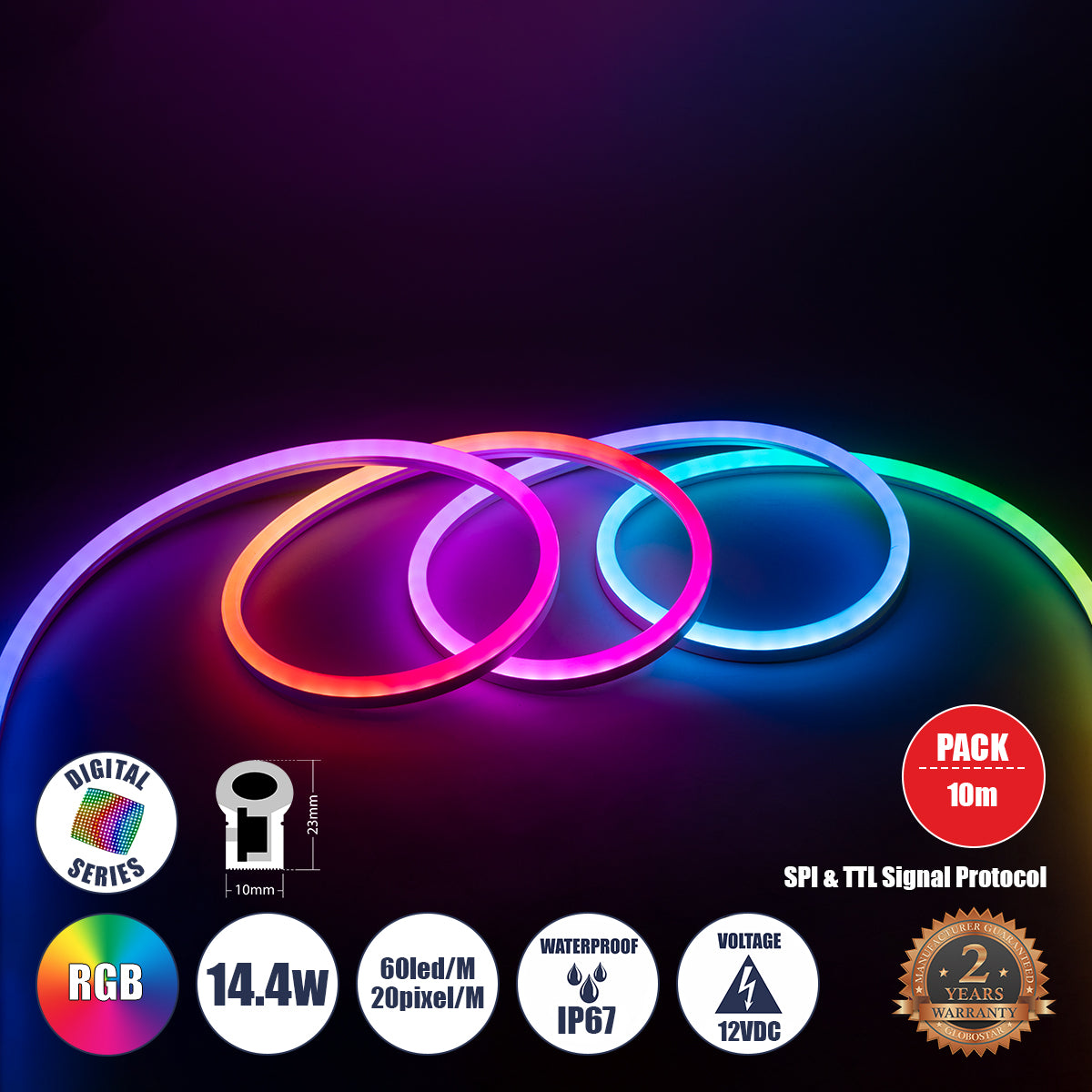 NEONIO 90755 Ψηφιακή Pixel Addressable Ταινία Neon Flex LED 14.4W/m 864lm/m 180° DC 12V Αδιάβροχο IP67 60 x SMD5050 Chip/m 20 x Pixel/m Πολύχρωμο RGB Dimmable SPI/TTL Protocol IC SM16703P/WS2811/WS2812 - Μ1000 x Π1 x Υ2.3 - Ρολό 10 Μέτρων