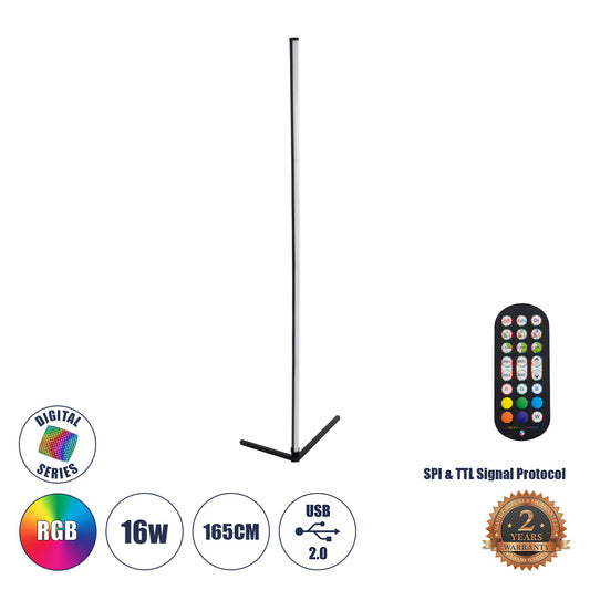 DIGICOLUMN 90763 Μοντέρνο Επιδαπέδιο Γραμμικό Ψηφιακό Φωτιστικό Digital Pixel Symphony Bar με RF Ασύρματο Χειριστήριο LED 16W 1280lm 180° DC 5V με USB 2.0 IP20 Πολύχρωμο RGB Dimmable - Μαύρο - Φ3 x Υ165