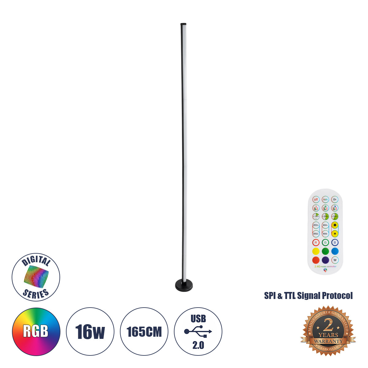 DIGICOLUMN 90764 Μοντέρνο Επιδαπέδιο Γραμμικό Ψηφιακό Φωτιστικό Digital Pixel Symphony Bar με RF Ασύρματο Χειριστήριο LED 16W 1280lm 180° DC 5V με USB 2.0 IP20 Πολύχρωμο RGB Dimmable - Μαύρο - Φ3 x Υ165