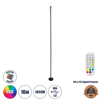 DIGICOLUMN 90764 Μοντέρνο Επιδαπέδιο Γραμμικό Ψηφιακό Φωτιστικό Digital Pixel Symphony Bar με RF Ασύρματο Χειριστήριο LED 16W 1280lm 180° DC 5V με USB 2.0 IP20 Πολύχρωμο RGB Dimmable - Μαύρο - Φ3 x Υ165