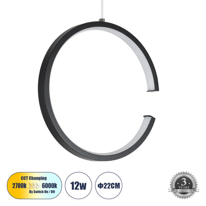CEROBA 61306 Κρεμαστό Φωτιστικό Οροφής Linear Design LED CCT 12W 1320lm 360° AC 220-240V - Εναλλαγή Φωτισμού μέσω Διακόπτη On/Off All In One Ψυχρό 6000k+Φυσικό 4500k+Θερμό 2700k Φ22 x Π2cm - Μαύρο