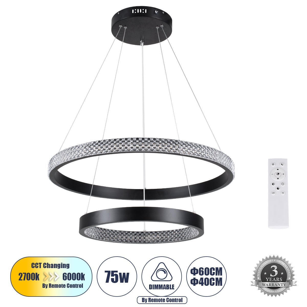 DIAMOND DUO 61150 Μοντέρνο Κρεμαστό Φωτιστικό Οροφής LED 75W 8743lm 360° AC 220-240V IP20 Ρυθμιζόμενο Λευκό CCT με Χειριστήριο από 2700K έως 6000K Dimmable - Lumileds SMD Chip - Μαυρό Ματ - Μ60 x Π60 x Υ40