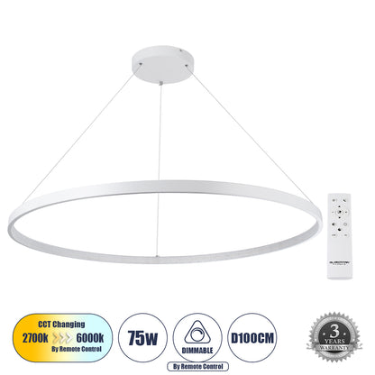 DIAMOND 61518 Κρεμαστό Φωτιστικό Δαχτυλίδι-Κύκλος LED CCT 75W 8400lm 360° AC 220-240V - Εναλλαγή Φωτισμού μέσω Τηλεχειριστηρίου All In One Ψυχρό 6000k+Φυσικό 4500k+Θερμό 2700k Dimmable Φ100cm - Λευκό