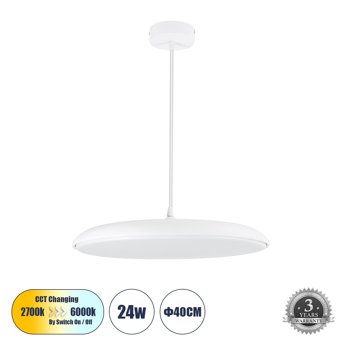 BARON 61255 Κρεμαστή Πλαφονιέρα Οροφής LED CCT 24W 2880lm 120° AC 220-240V - Εναλλαγή Φωτισμού μέσω Διακόπτη On/Off All In One Ψυχρό 6000k+Φυσικό 4500k+Θερμό 2700k Φ40 x Υ10cm - Λευκό