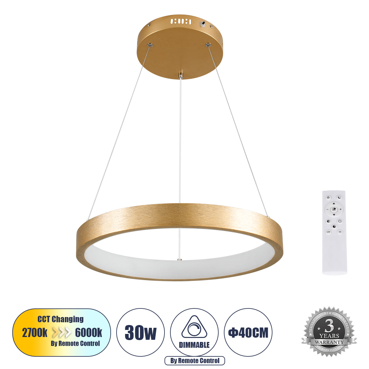 NEMESIS 61157 Κρεμαστό Φωτιστικό Δαχτυλίδι-Κύκλος LED CCT 30W 3513lm 360° AC 220-240V - Εναλλαγή Φωτισμού μέσω Τηλεχειριστηρίου All In One Ψυχρό 6000k+Φυσικό 4500k+Θερμό 2700k Dimmable Φ40cm - Χρυσό Βούρτσας