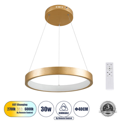 NEMESIS 61157 Κρεμαστό Φωτιστικό Δαχτυλίδι-Κύκλος LED CCT 30W 3513lm 360° AC 220-240V - Εναλλαγή Φωτισμού μέσω Τηλεχειριστηρίου All In One Ψυχρό 6000k+Φυσικό 4500k+Θερμό 2700k Dimmable Φ40cm - Χρυσό Βούρτσας