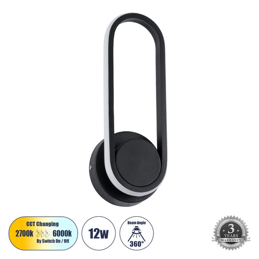 DALLAS 61345 Μοντέρνο Φωτιστικό Τοίχου - Απλίκα LED 12W 1440lm 360° AC 220-240V IP20 Ρυθμιζόμενο Λευκό CCT με On/Off 2700K/4500K/6000K - Lumileds SMD Chip - Μαύρο Ματ - Μ12 x Π6.5 x Υ32
