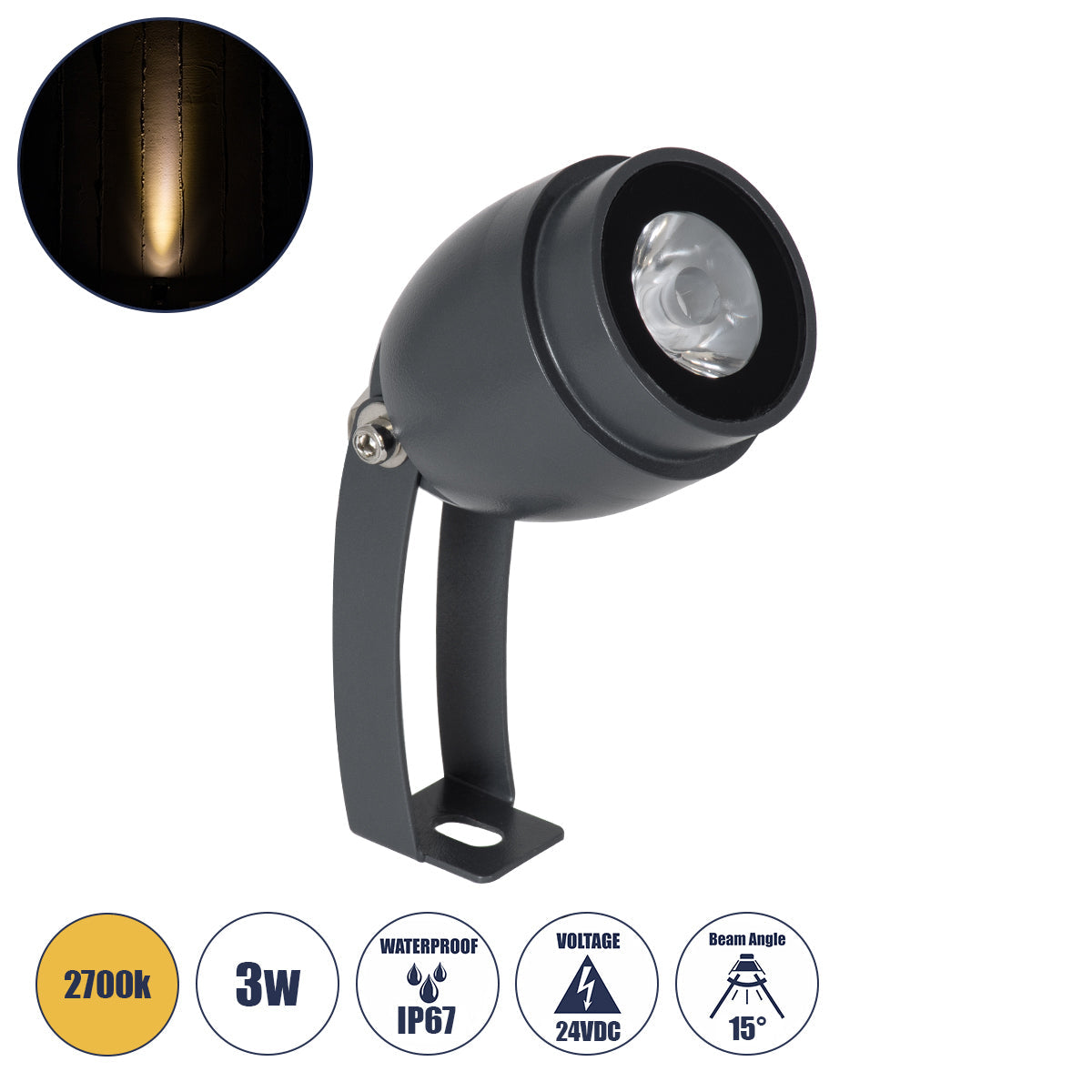 TREELIGHT-TREEGAL 90461 Σποτ Φωτισμού για Φυτά - Δέντρα με Βάση Μπετού & Κορμού LED 3W 330lm 15° DC 24V Αδιάβροχο IP65 Θερμό Λευκό 2700K Dimmable - Γκρι Ανθρακί - Μ5 x Π5 x Υ14.7