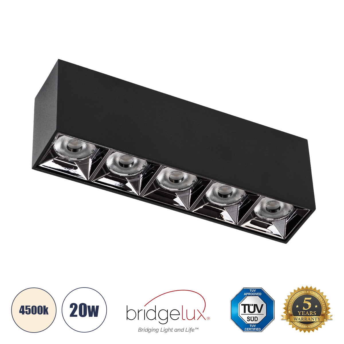 LUMINAR SUPERIOR 60328 Επιφανειακό LED Spot Downlight TrimLess 20W 2800lm 36° AC 220-240V IP20 Μ19.5 x Π4.2 x Υ6.6cm - Μαύρο με Κάτοπτρο Χρωμίου - Φυσικό Λευκό 4500K - Bridgelux High Lumen Chip Gen2 - TÜV Certified Driver