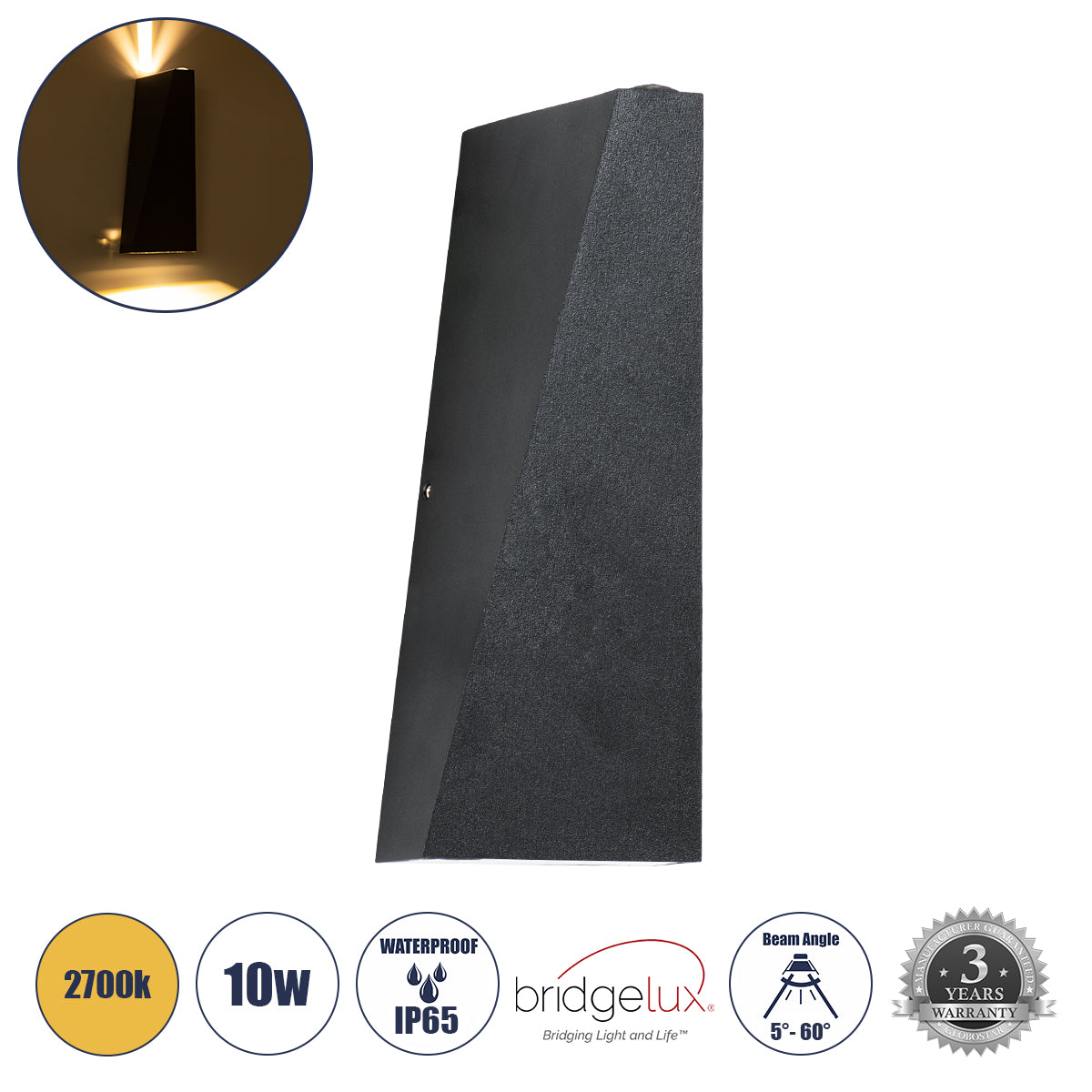 TRIANDE 60553 Μοντέρνο Φωτιστικό Τοίχου - Απλίκα LED 10W 1150lm 5°/60° AC 220-240V Αδιάβροχο IP65 Θερμό Λευκό 2700K - Bridgelux COB Chip & TÜV SÜD Driver - Μαύρο Ματ - Μ8.5 x Π8.5 x Υ20