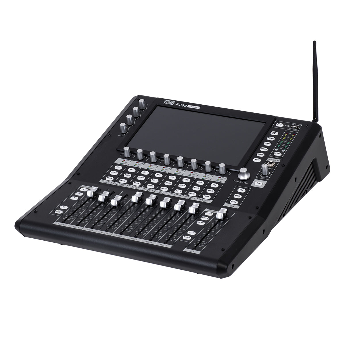 FDB F260 98023 Multifunctional Digital Mixer Audio Console 24Ch - Επαγγελματική Ψηφιακή Κονσόλα Ήχου 16Ch Audio In / 8Ch Audio Out / 8Ch BUS Out - Οθόνη Αφής 10" HD - Wifi Smart System - UDP - AC 220V/50-60Hz - IP20 - Μαύρο - Μ38 x Π49 x Υ14cm