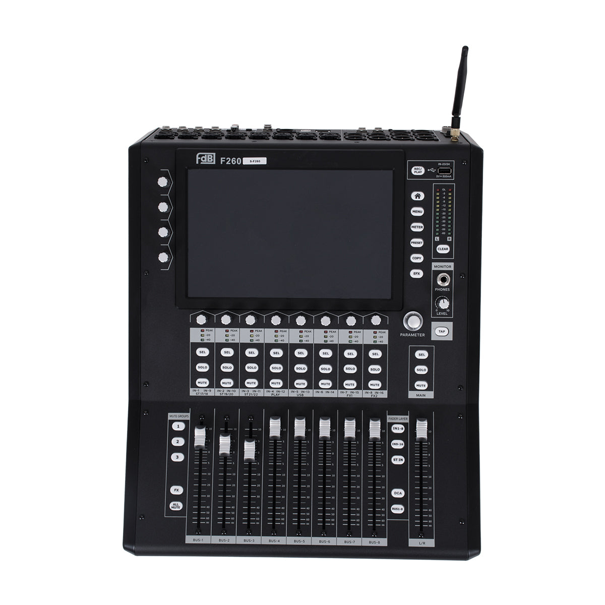FDB F260 98023 Multifunctional Digital Mixer Audio Console 24Ch - Επαγγελματική Ψηφιακή Κονσόλα Ήχου 16Ch Audio In / 8Ch Audio Out / 8Ch BUS Out - Οθόνη Αφής 10" HD - Wifi Smart System - UDP - AC 220V/50-60Hz - IP20 - Μαύρο - Μ38 x Π49 x Υ14cm
