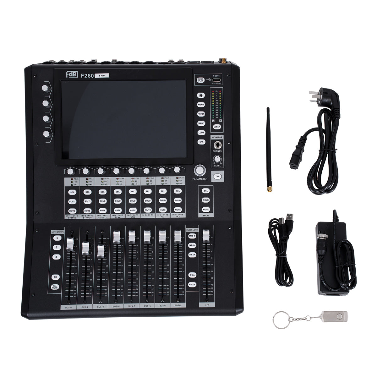 FDB F260 98023 Multifunctional Digital Mixer Audio Console 24Ch - Επαγγελματική Ψηφιακή Κονσόλα Ήχου 16Ch Audio In / 8Ch Audio Out / 8Ch BUS Out - Οθόνη Αφής 10" HD - Wifi Smart System - UDP - AC 220V/50-60Hz - IP20 - Μαύρο - Μ38 x Π49 x Υ14cm