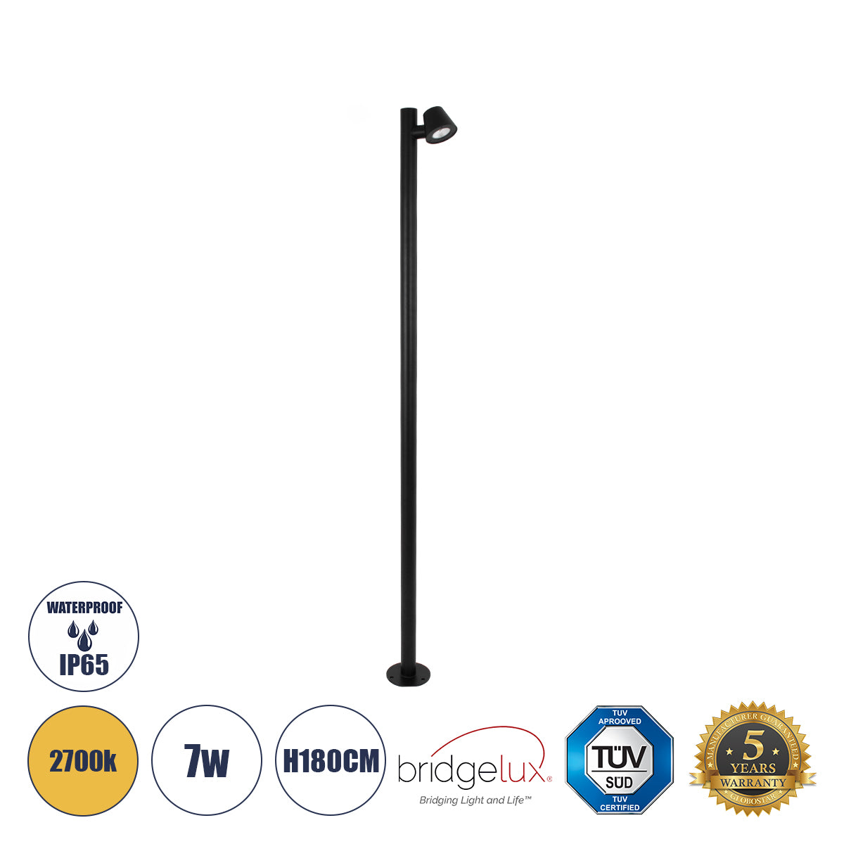 GARDENIA 60511 Φωτιστικό Κήπου - Πάρκου - Πλατείας - Κολωνάκι Αρχιτεκτονικού Φωτισμού Εξωτερικού Χώρου LED 7W 700lm 60° AC220-240V Αδιάβροχο IP65 - Σώμα Αλουμινίου & Tempered Glass - Μ15 x Π18 x Υ180cm - Θερμό Λευκό 2700K - Μαύρο - Bridgelux Chip