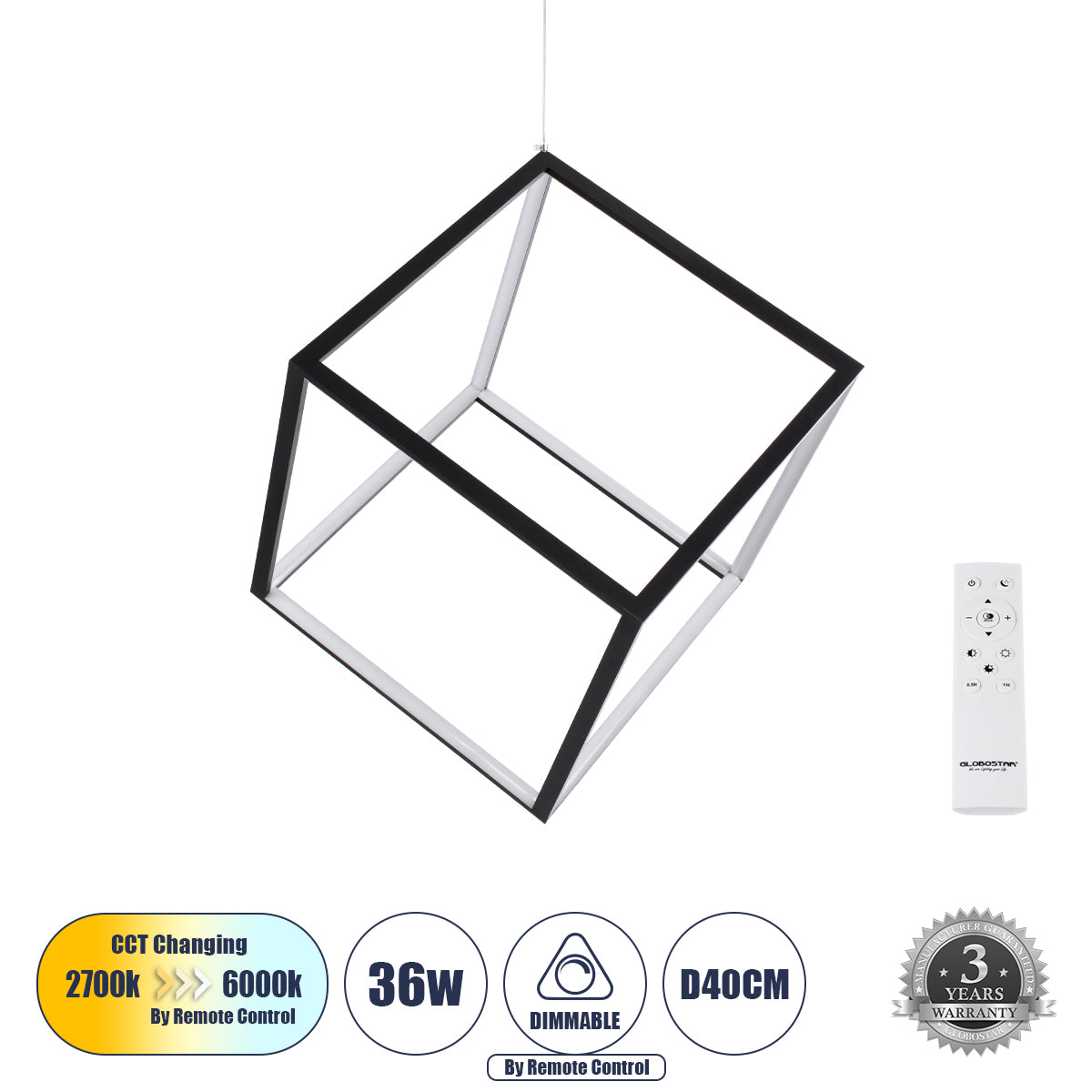 KIBOO 60929 Κρεμαστό Φωτιστικό Οροφής Design LED CCT 36W 4150lm 360° AC 220-240V - Εναλλαγή Φωτισμού μέσω Τηλεχειριστηρίου All In One Ψυχρό 6000k+Φυσικό 4500k+Θερμό 2700k Dimmable Μ40 x Π40 x Υ40cm - Μαύρο