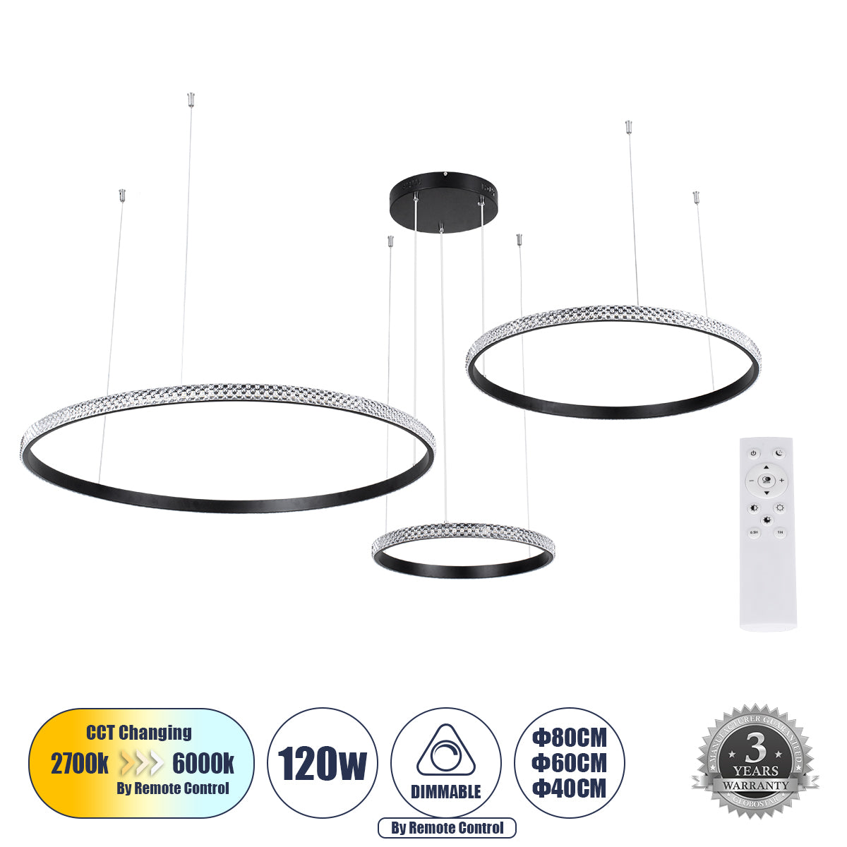 DIAMOND TRIO 61144 Μοντέρνο Κρεμαστό Φωτιστικό Οροφής LED 120W 14723lm 360° AC 220-240V IP20 Ρυθμιζόμενο Λευκό CCT με Χειριστήριο από 2700K έως 6000K Dimmable - Lumileds SMD Chip - Μαυρό Ματ - Μ150 x Π150 x Υ60