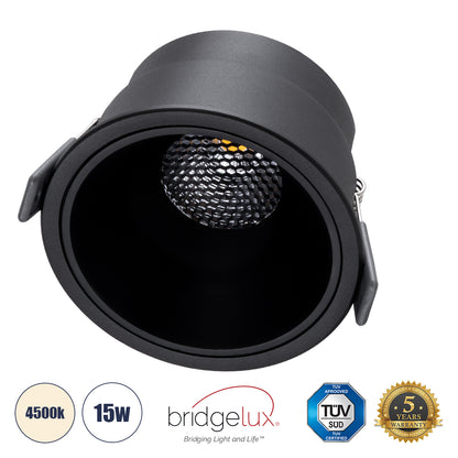 PLUTO-B 60262 Χωνευτό LED Spot Downlight TrimLess Φ10.4cm 15W 1950lm 38° AC 220-240V IP20 Φ10.4 x Υ6.5cm - Στρόγγυλο - Μαύρο & Anti-Glare HoneyComb - Φυσικό Λευκό 4500K - Bridgelux COB