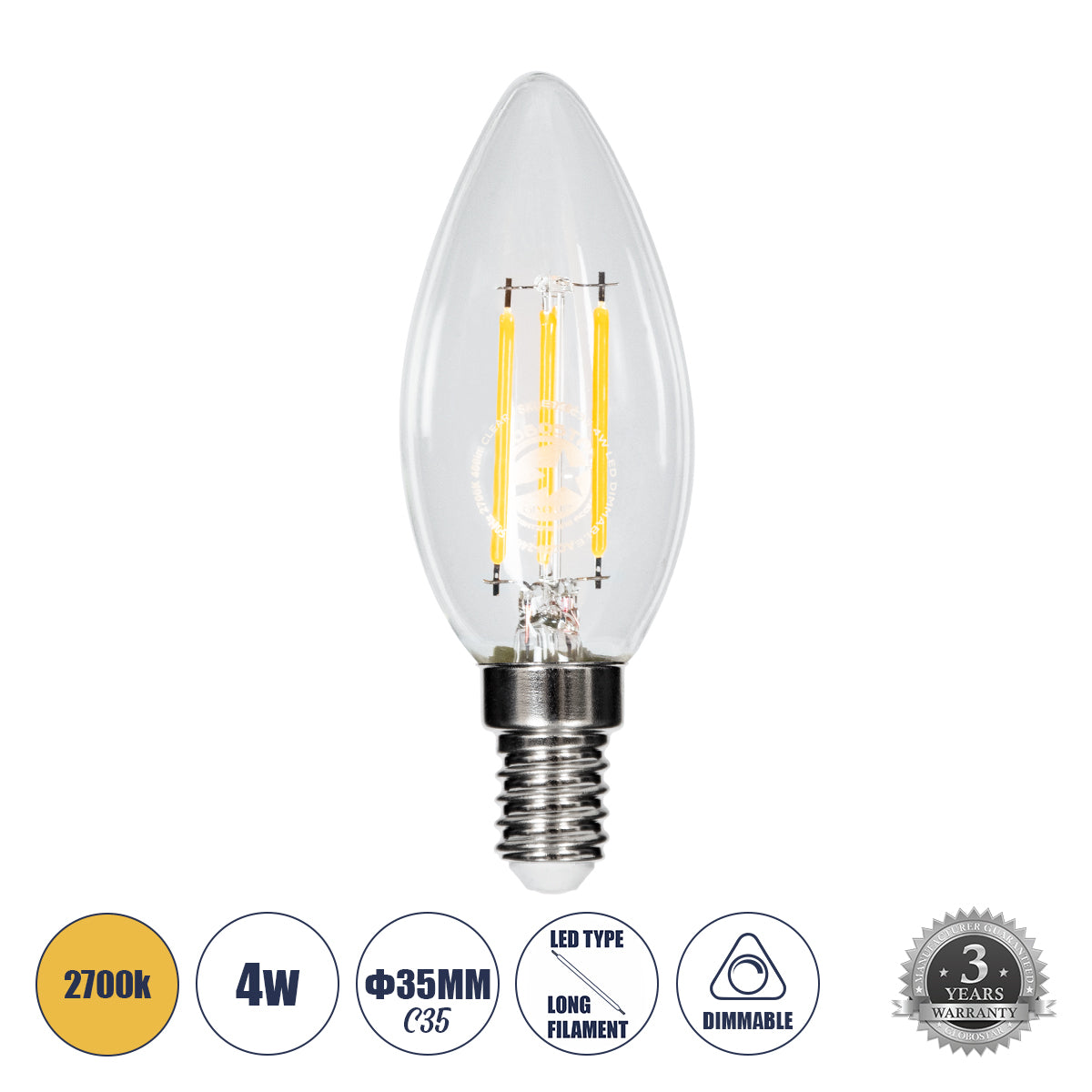 99001 Λάμπα LED Long Filament E14 C35 Κεράκι 4W 400lm 360° AC 220-240V IP20 Φ3.5 x Υ10.5cm Θερμό Λευκό 2700K με Διάφανο Γυαλί Dimmable