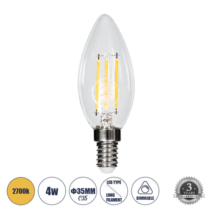 99001 Λάμπα LED Long Filament E14 C35 Κεράκι 4W 400lm 360° AC 220-240V IP20 Φ3.5 x Υ10.5cm Θερμό Λευκό 2700K με Διάφανο Γυαλί Dimmable