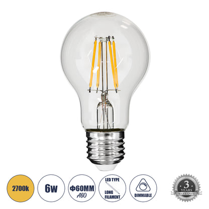 99006 Λάμπα LED Long Filament E27 A60 Γλόμπος 6W 600lm 360° AC 220-240V IP20 Φ6 x Υ10.5cm Θερμό Λευκό 2700K με Διάφανο Γυαλί - Dimmable