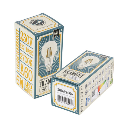 99006 Λάμπα LED Long Filament E27 A60 Γλόμπος 6W 600lm 360° AC 220-240V IP20 Φ6 x Υ10.5cm Θερμό Λευκό 2700K με Διάφανο Γυαλί - Dimmable