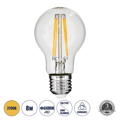 99007 Λάμπα LED Long Filament E27 A60 Γλόμπος 8W 800lm 360° AC 220-240V IP20 Φ6 x Υ10.5cm Θερμό Λευκό 2700K με Διάφανο Γυαλί - Dimmable