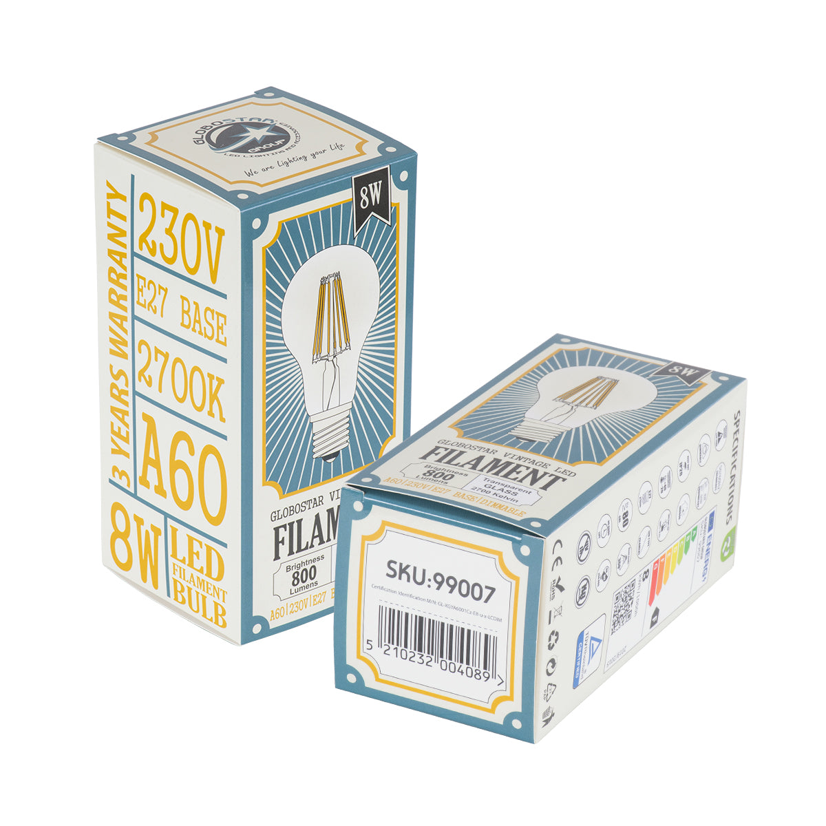 99007 Λάμπα LED Long Filament E27 A60 Γλόμπος 8W 800lm 360° AC 220-240V IP20 Φ6 x Υ10.5cm Θερμό Λευκό 2700K με Διάφανο Γυαλί - Dimmable