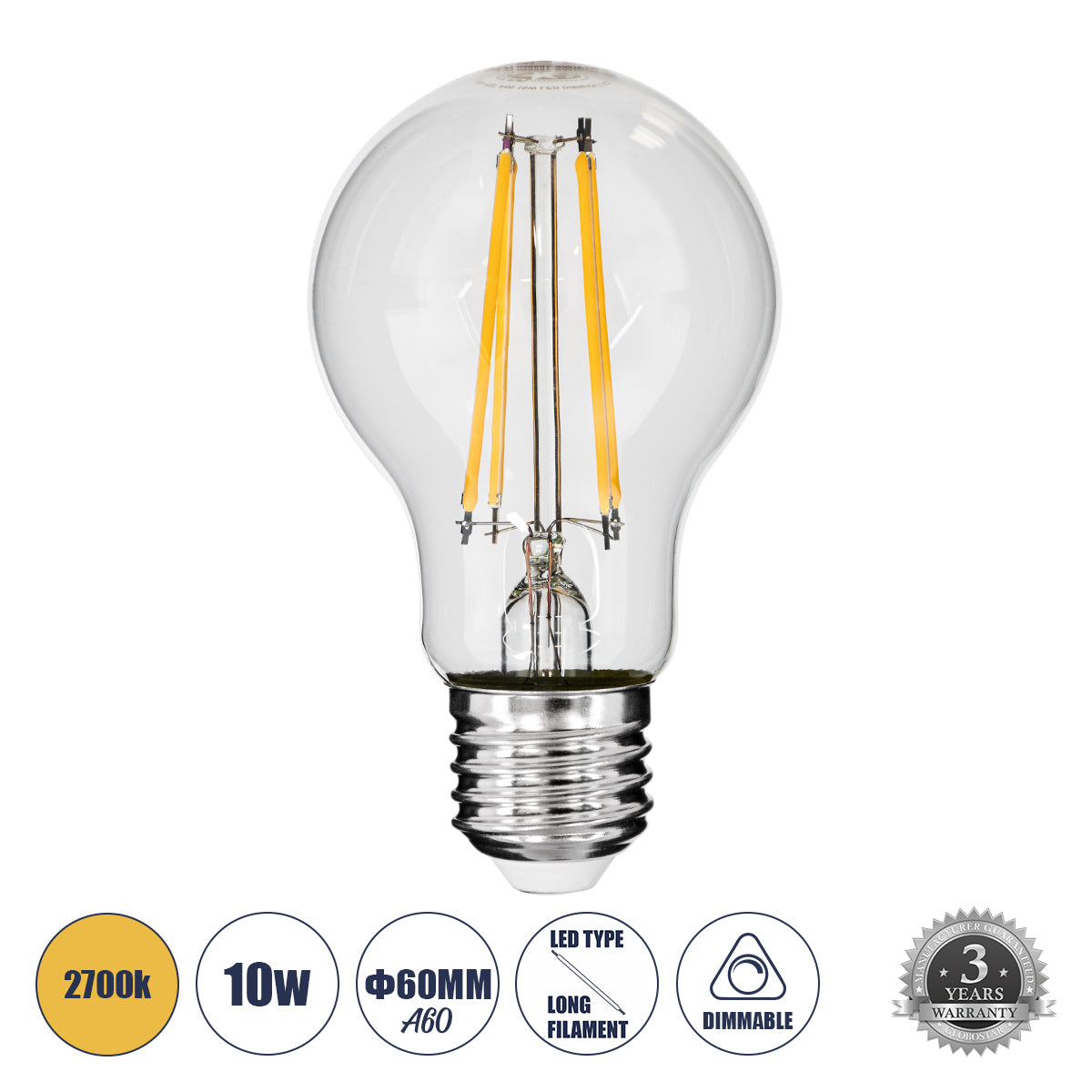 99008 Λάμπα LED Long Filament E27 A60 Γλόμπος 10W 1000lm 360° AC 220-240V IP20 Φ6 x Υ10.5cm Θερμό Λευκό 2700K με Διάφανο Γυαλί - Dimmable