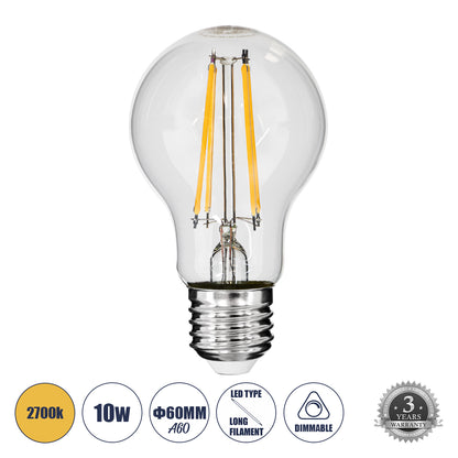 99008 Λάμπα LED Long Filament E27 A60 Γλόμπος 10W 1000lm 360° AC 220-240V IP20 Φ6 x Υ10.5cm Θερμό Λευκό 2700K με Διάφανο Γυαλί - Dimmable