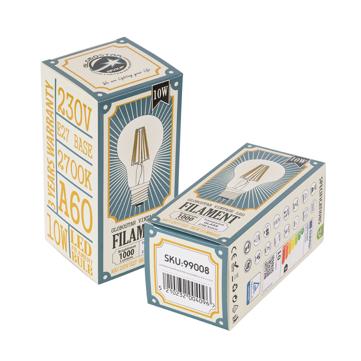 99008 Λάμπα LED Long Filament E27 A60 Γλόμπος 10W 1000lm 360° AC 220-240V IP20 Φ6 x Υ10.5cm Θερμό Λευκό 2700K με Διάφανο Γυαλί - Dimmable